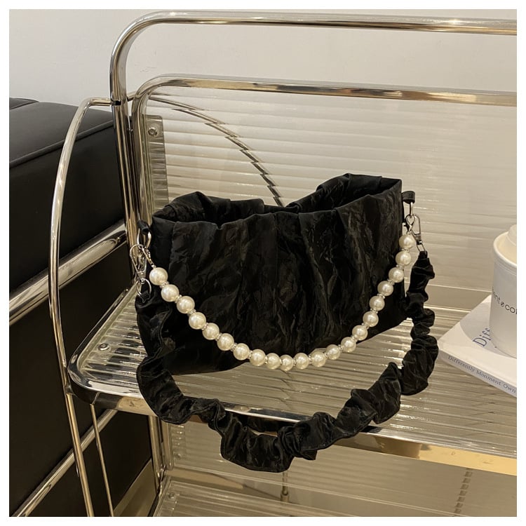 Geantă pentru femei cu lanț de perle și pliuri, design nou, geantă de umăr într-o culoare solidă, cu dantelă