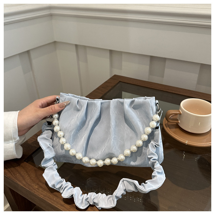 Geantă pentru femei cu lanț de perle și pliuri, design nou, geantă de umăr într-o culoare solidă, cu dantelă
