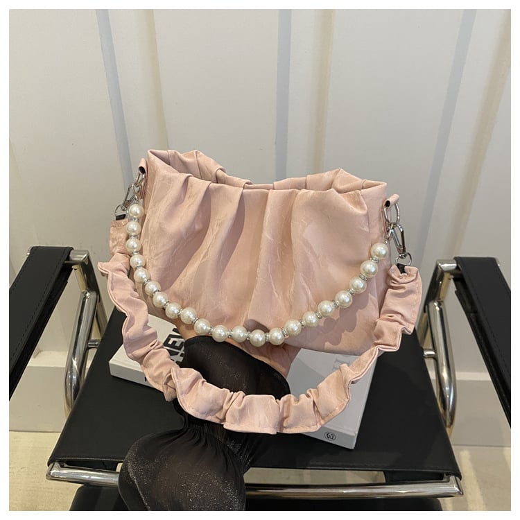 Geantă pentru femei cu lanț de perle și pliuri, design nou, geantă de umăr într-o culoare solidă, cu dantelă
