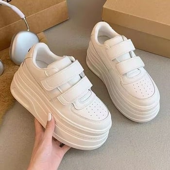 Pantofi sport pentru femei cu talpă groasă pentru creșterea înălțimii, pantofi albi casual cu Velcro, potriviți cu fuste