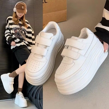 Pantofi sport pentru femei cu talpă groasă pentru creșterea înălțimii, pantofi albi casual cu Velcro, potriviți cu fuste