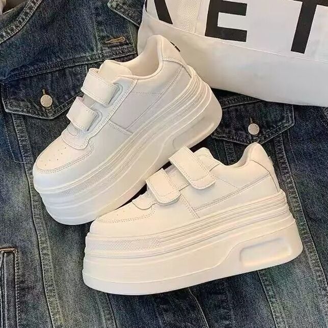 Pantofi sport pentru femei cu talpă groasă pentru creșterea înălțimii, pantofi albi casual cu Velcro, potriviți cu fuste