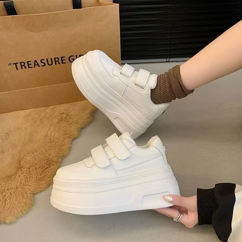 Pantofi sport pentru femei cu talpă groasă pentru creșterea înălțimii, pantofi albi casual cu Velcro, potriviți cu fuste