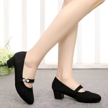 Pantofi dama din material textil în stil Old Beijing, vârf rotund, toc gros mediu, talpă moale, deschidere joasă, încălțăminte profesională versatilă
