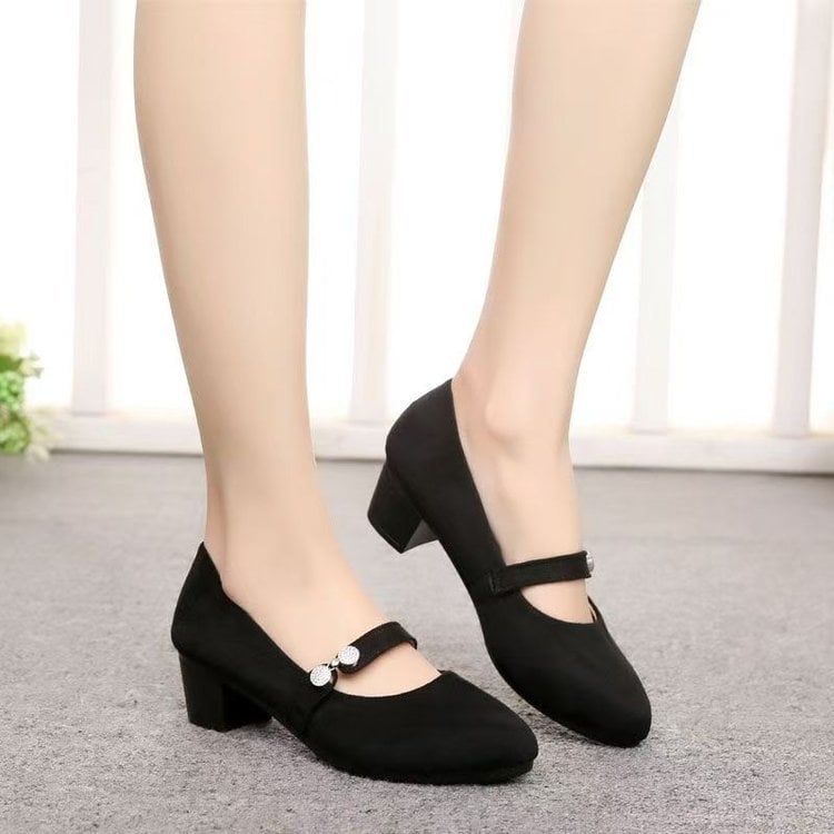 Pantofi dama din material textil în stil Old Beijing, vârf rotund, toc gros mediu, talpă moale, deschidere joasă, încălțăminte profesională versatilă