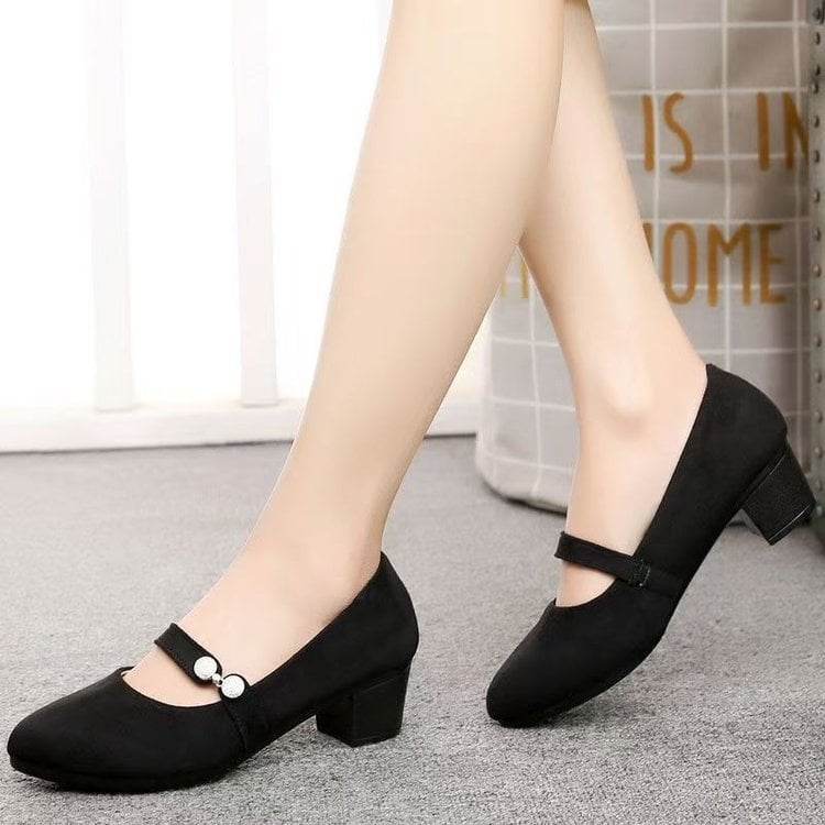 Pantofi dama din material textil în stil Old Beijing, vârf rotund, toc gros mediu, talpă moale, deschidere joasă, încălțăminte profesională versatilă