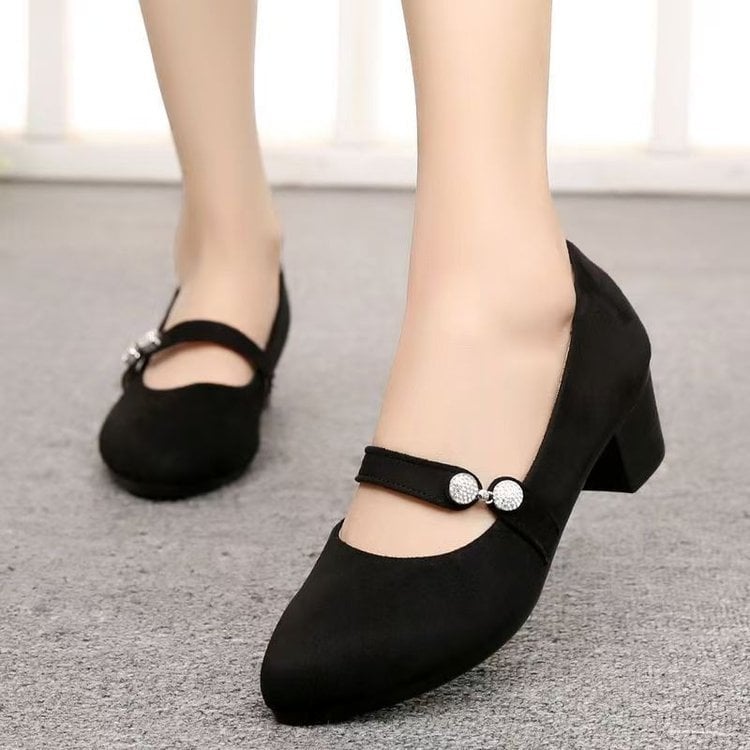 Pantofi dama din material textil în stil Old Beijing, vârf rotund, toc gros mediu, talpă moale, deschidere joasă, încălțăminte profesională versatilă