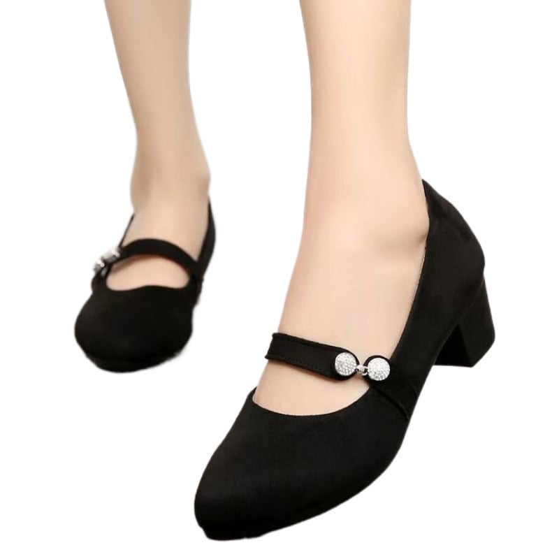 Pantofi dama din material textil în stil Old Beijing, vârf rotund, toc gros mediu, talpă moale, deschidere joasă, încălțăminte profesională versatilă