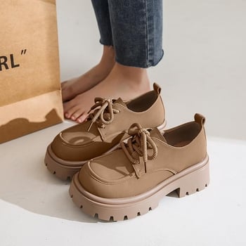 Loafers dama maro vintage, talpă groasă, șireturi, stil britanic, pantofi casual din piele (Primăvara 2025)
