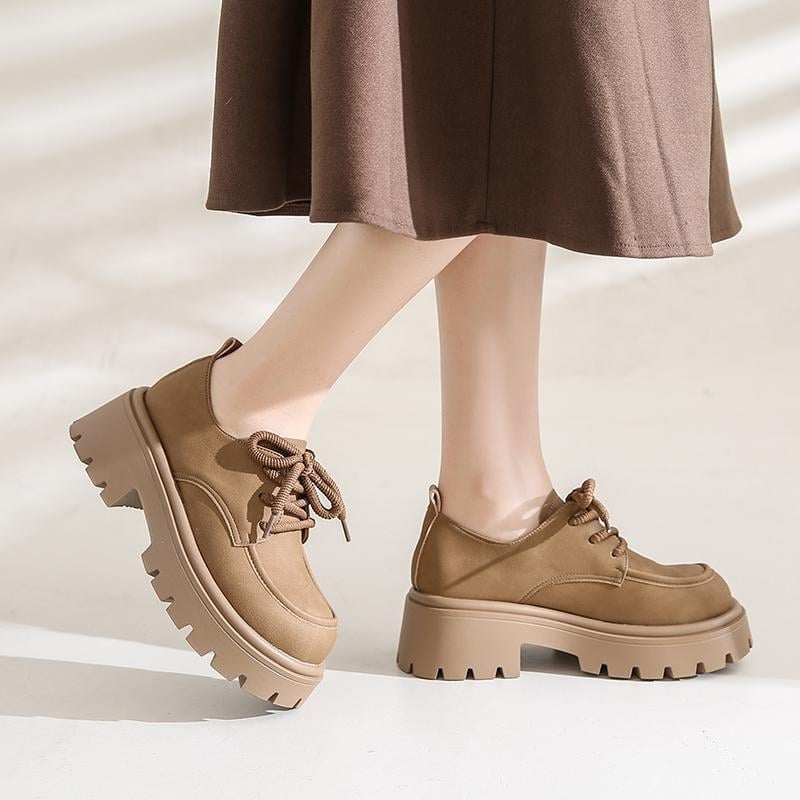 Loafers dama maro vintage, talpă groasă, șireturi, stil britanic, pantofi casual din piele (Primăvara 2025)