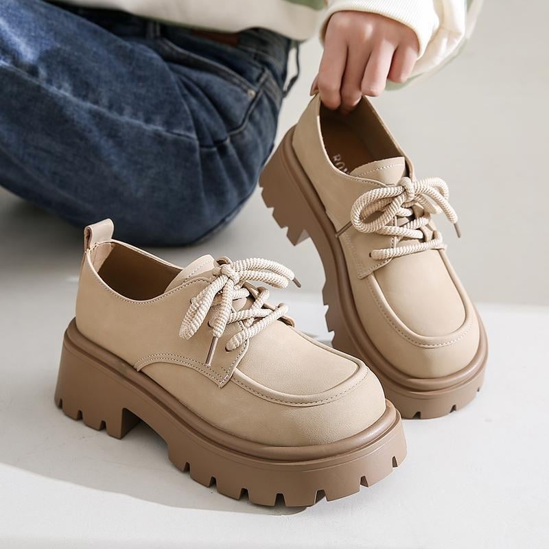 Loafers dama maro vintage, talpă groasă, șireturi, stil britanic, pantofi casual din piele (Primăvara 2025)