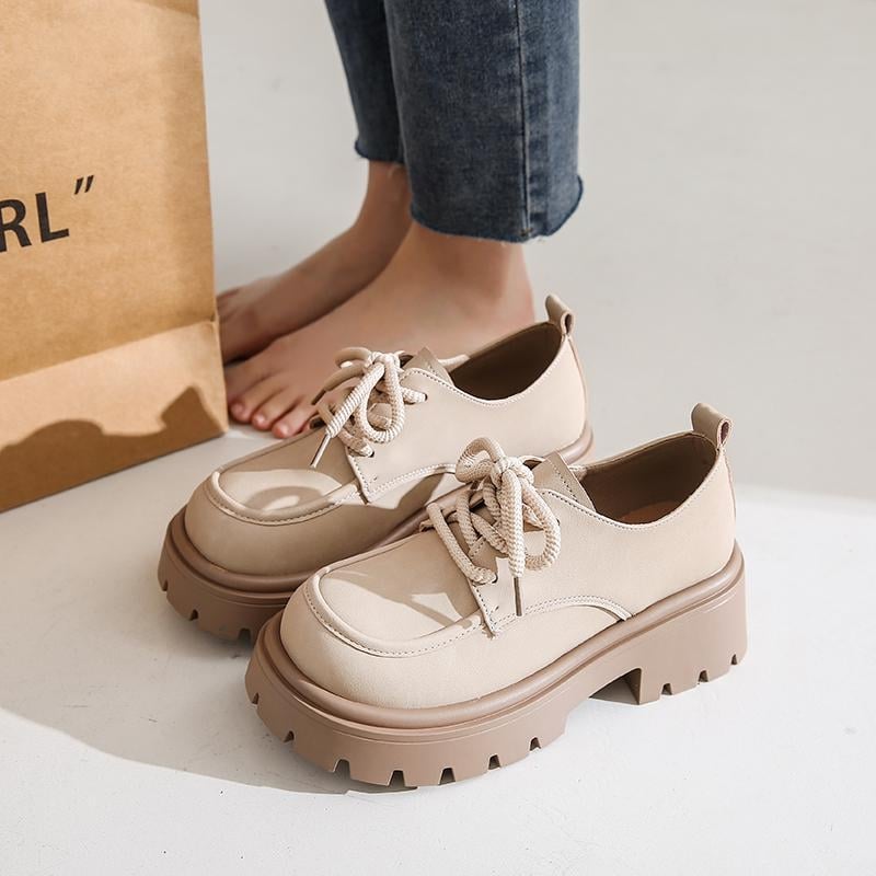 Loafers dama maro vintage, talpă groasă, șireturi, stil britanic, pantofi casual din piele (Primăvara 2025)