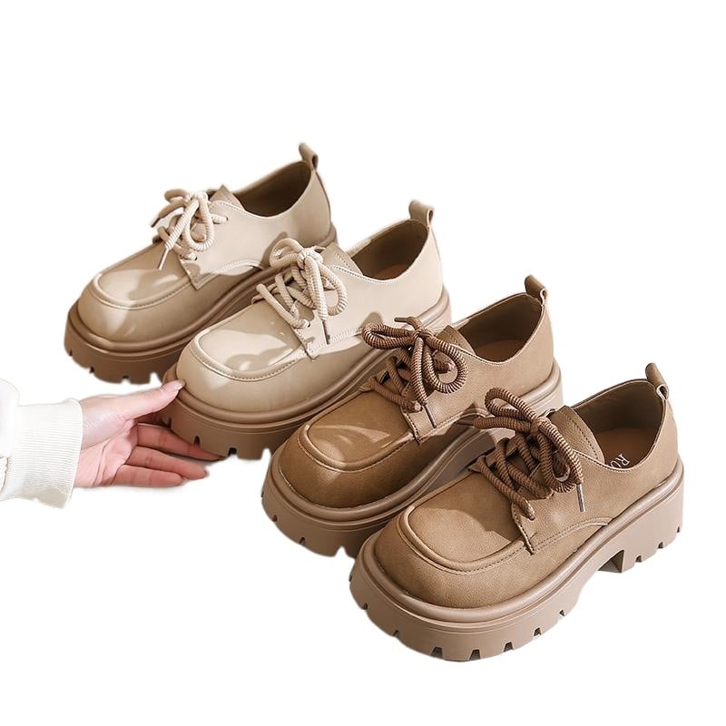 Loafers dama maro vintage, talpă groasă, șireturi, stil britanic, pantofi casual din piele (Primăvara 2025)