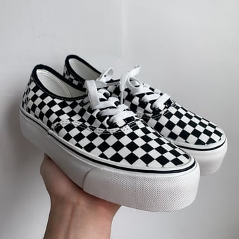 Primăvara 2023: Pantofi dama din pânză cu talpă groasă, stil coreean, imprimeu în carouri, slip-on, pantofi de skate vulcanizați
