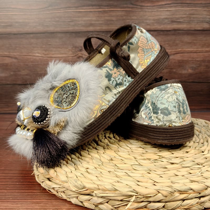 Pantofi Hanfu pentru femei, cu motiv cap de tigru, lucrati manual, partea superioară din blană de iepure, talpă cu straturi, stil național, pentru primăvară și toamnă