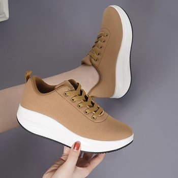 Pantofi sport dama cu talpă groasă, primăvară–toamnă 2025, stil coreean, tip low-cut, vârf rotund, șireturi