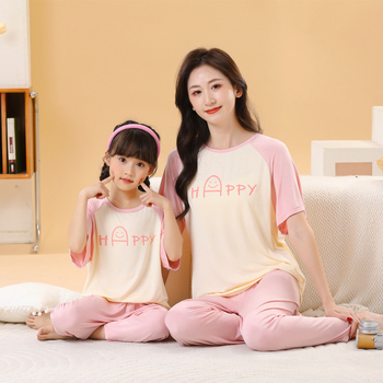 2025 vară – set pijama familie cu desen animat: tricou cu mânecă scurtă și pantaloni lungi, două piese pentru casă