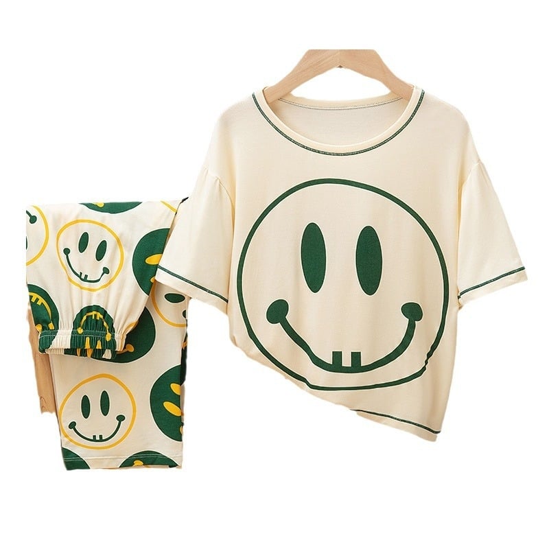 2025 vară – set pijama familie cu desen animat: tricou cu mânecă scurtă și pantaloni lungi, două piese pentru casă