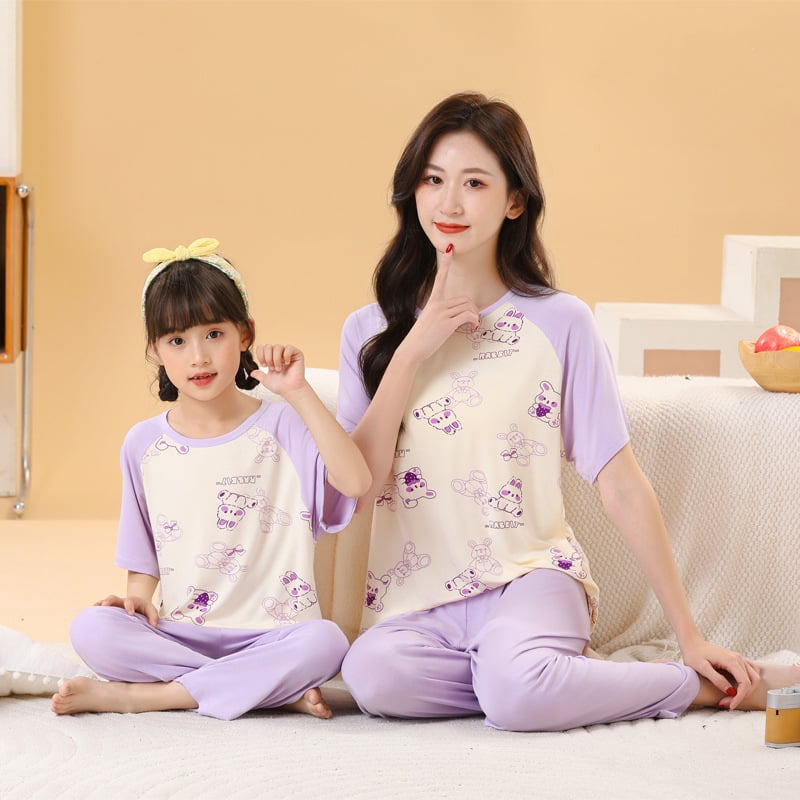2025 vară – set pijama familie cu desen animat: tricou cu mânecă scurtă și pantaloni lungi, două piese pentru casă