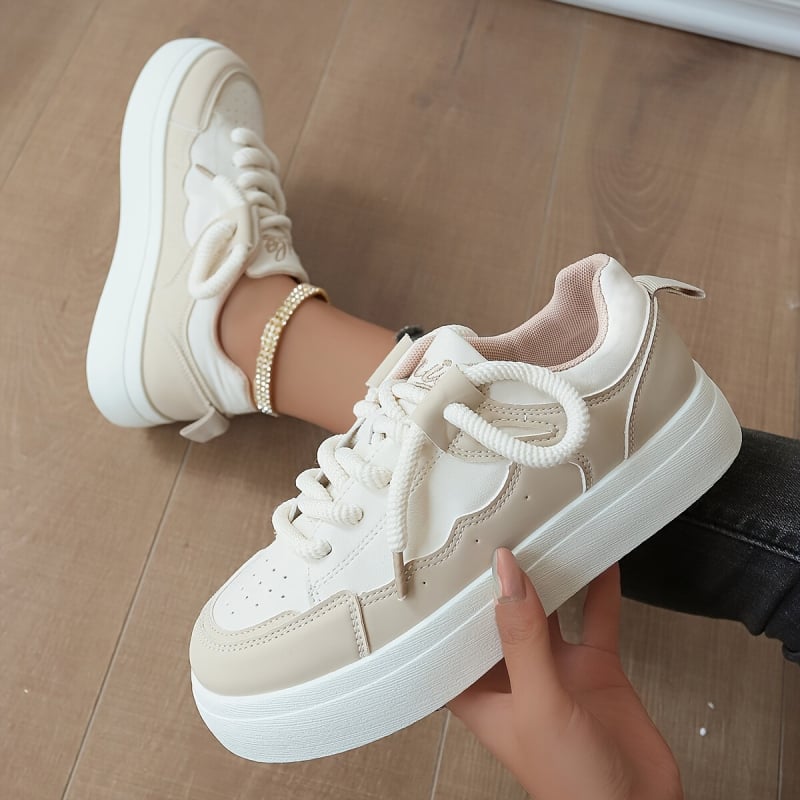 Pantofi sport femei, skate, talpă joasă, toamnă 2025, casual din piele albă, în stoc