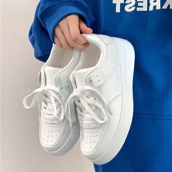 Pantofi sport albi pentru femei, talpă groasă, vârf rotund, șireturi, casual