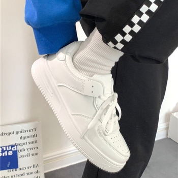Pantofi sport albi pentru femei, talpă groasă, vârf rotund, șireturi, casual