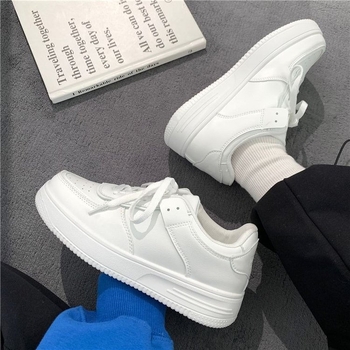 Pantofi sport albi pentru femei, talpă groasă, vârf rotund, șireturi, casual