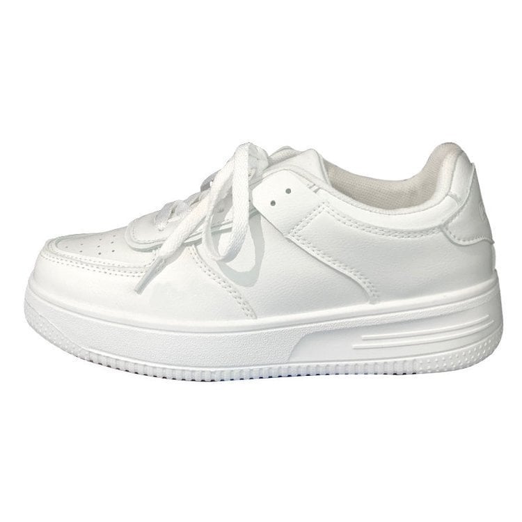 Pantofi sport albi pentru femei, talpă groasă, vârf rotund, șireturi, casual