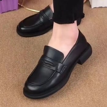 Pantofi dama din piele, stil britanic, slip-on, negri, loaferi pentru primăvară și toamnă, purtare zilnică