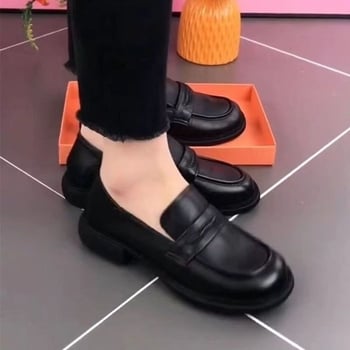 Pantofi dama din piele, stil britanic, slip-on, negri, loaferi pentru primăvară și toamnă, purtare zilnică