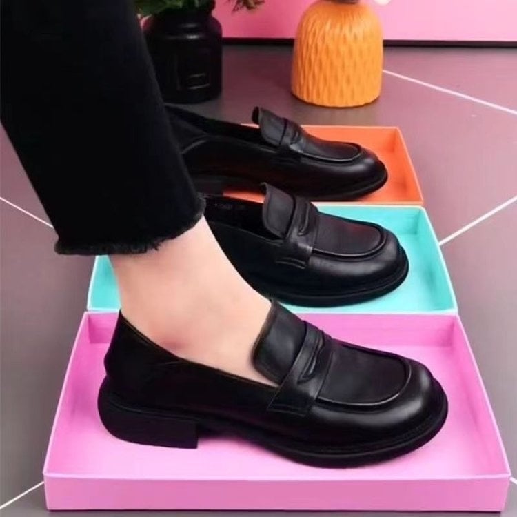 Pantofi dama din piele, stil britanic, slip-on, negri, loaferi pentru primăvară și toamnă, purtare zilnică