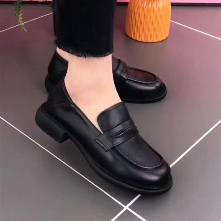 Pantofi dama din piele, stil britanic, slip-on, negri, loaferi pentru primăvară și toamnă, purtare zilnică