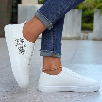 Pantofi sport albi pentru femei, șireturi, suprafață PU, încălțăminte casual zilnică