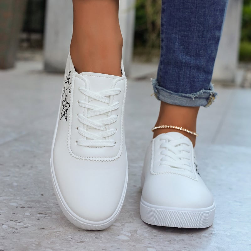 Pantofi sport albi pentru femei, șireturi, suprafață PU, încălțăminte casual zilnică