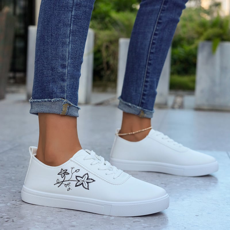 Pantofi sport albi pentru femei, șireturi, suprafață PU, încălțăminte casual zilnică
