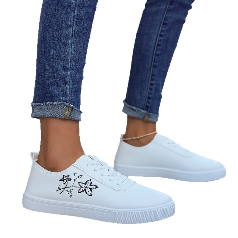 Pantofi sport albi pentru femei, șireturi, suprafață PU, încălțăminte casual zilnică