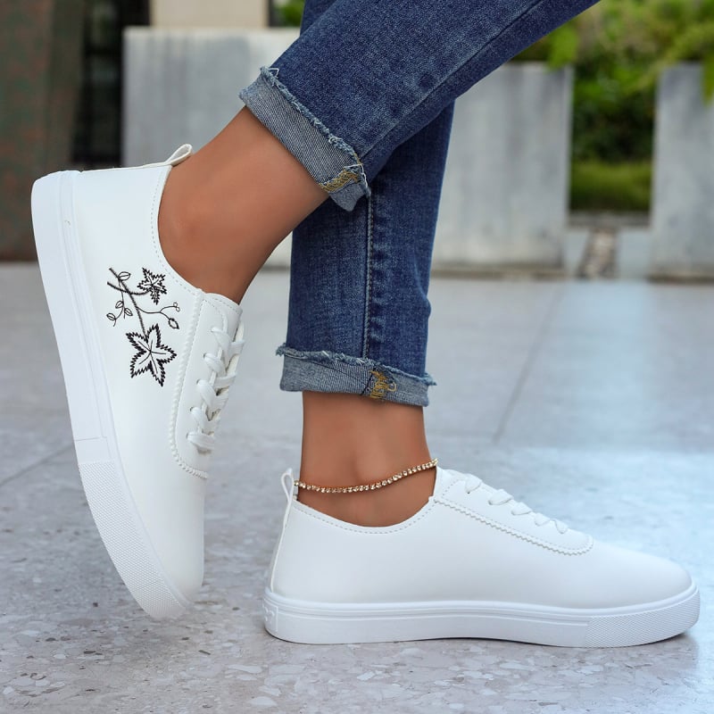 Pantofi sport albi pentru femei, șireturi, suprafață PU, încălțăminte casual zilnică