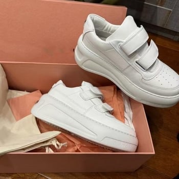 Pantofi sport dama din piele albă cu Velcro, talpă groasă, creștere înălțime, casual