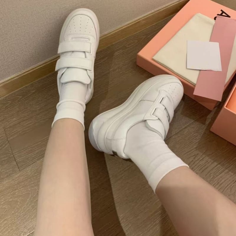 Pantofi sport dama din piele albă cu Velcro, talpă groasă, creștere înălțime, casual