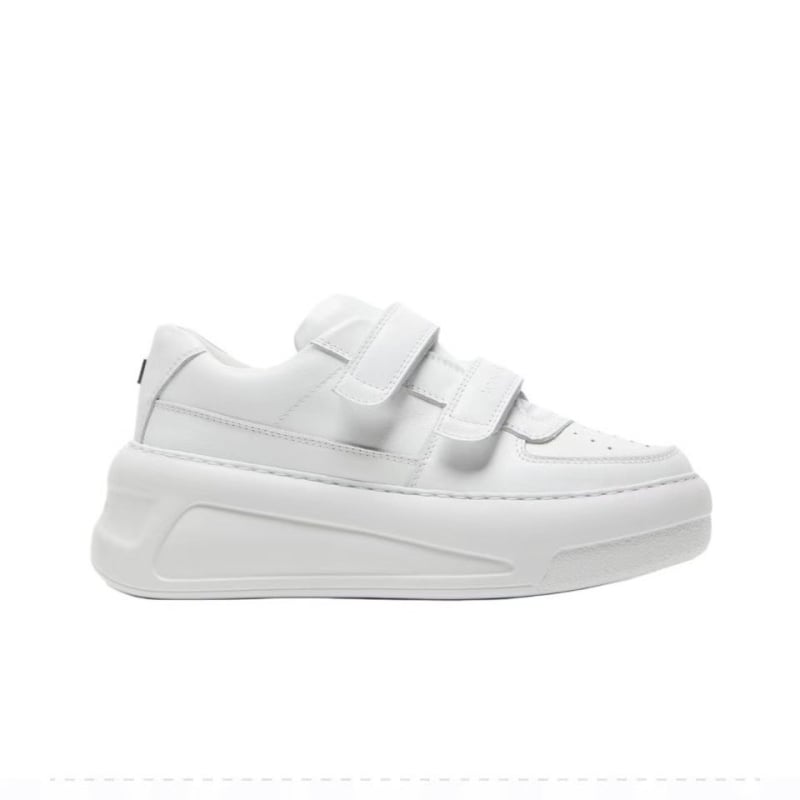 Pantofi sport dama din piele albă cu Velcro, talpă groasă, creștere înălțime, casual