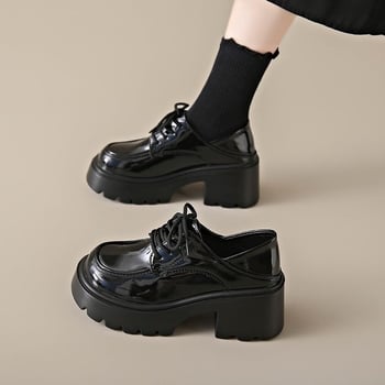Mocasini dama cu talpă groasă și platformă, șireturi, înălțime 3–5 cm, piele lucioasă, stil JK britanic școlar