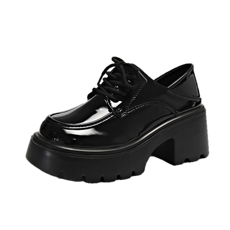 Mocasini dama cu talpă groasă și platformă, șireturi, înălțime 3–5 cm, piele lucioasă, stil JK britanic școlar