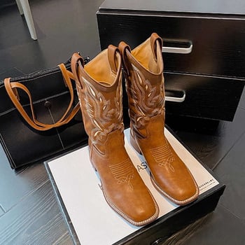 Pantofi femei Western Cowboy – stil etnic, cizme până la genunchi și botine, vârf pătrat, toc gros de 3–5 cm, design ușor, pentru iarnă, primăvară și vară