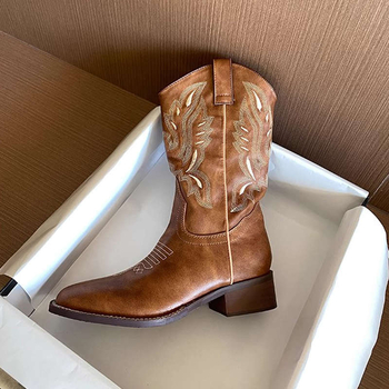 Pantofi femei Western Cowboy – stil etnic, cizme până la genunchi și botine, vârf pătrat, toc gros de 3–5 cm, design ușor, pentru iarnă, primăvară și vară