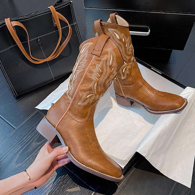 Pantofi femei Western Cowboy – stil etnic, cizme până la genunchi și botine, vârf pătrat, toc gros de 3–5 cm, design ușor, pentru iarnă, primăvară și vară