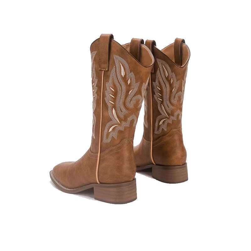 Pantofi femei Western Cowboy – stil etnic, cizme până la genunchi și botine, vârf pătrat, toc gros de 3–5 cm, design ușor, pentru iarnă, primăvară și vară