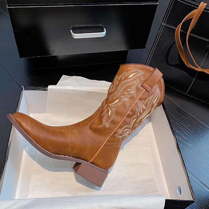 Pantofi femei Western Cowboy – stil etnic, cizme până la genunchi și botine, vârf pătrat, toc gros de 3–5 cm, design ușor, pentru iarnă, primăvară și vară