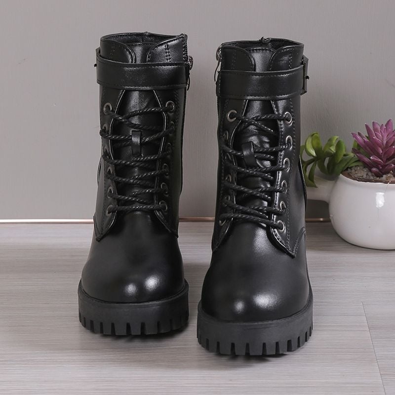 Botine Martin pentru femei, talpă groasă și cataramă, toamnă-iarna 2025, stil britanic, botine scurte cu toc înalt