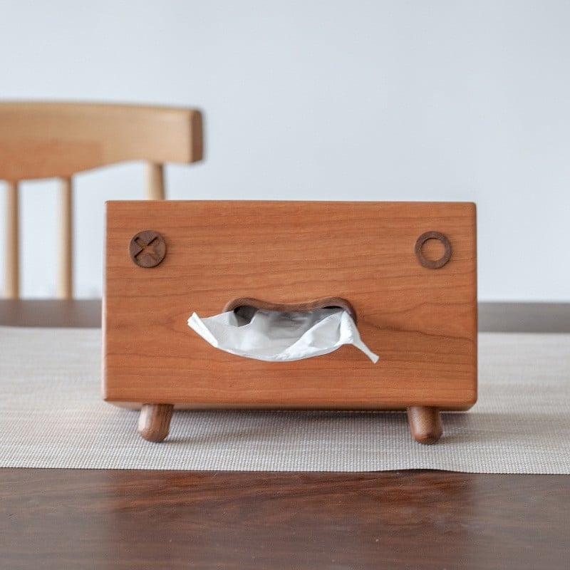 Cutie de șervețele din lemn cu față zâmbitoare și design de robot desen animat, suport de masă din lemn