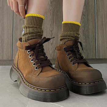 Botine dama stil britanic, scurte, cu șiret, talpă groasă, vârf rotund, PU, galbene